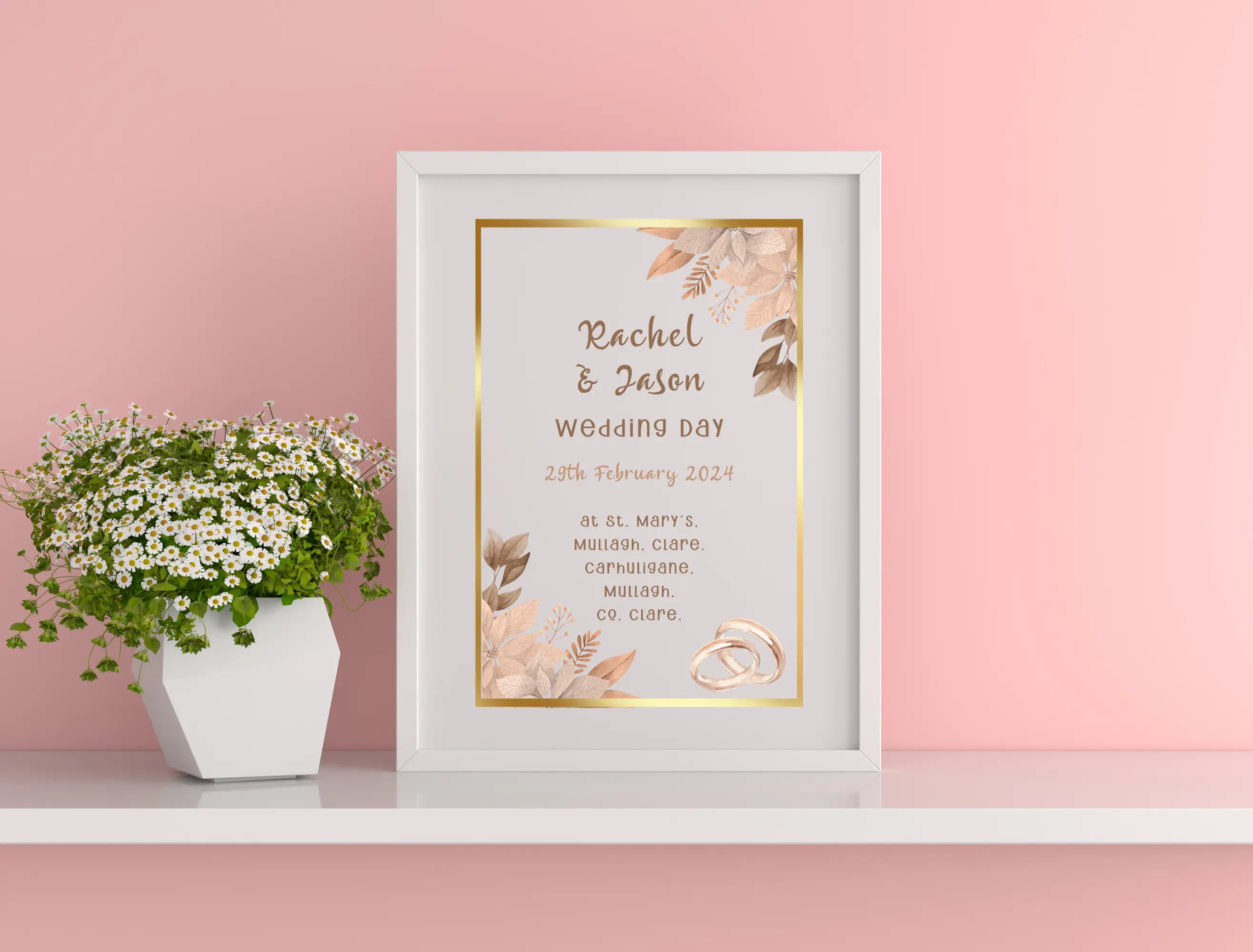 Wedding print personalised with rings and flowers