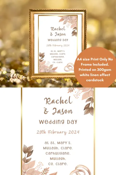 Wedding print personalised with rings and flowers