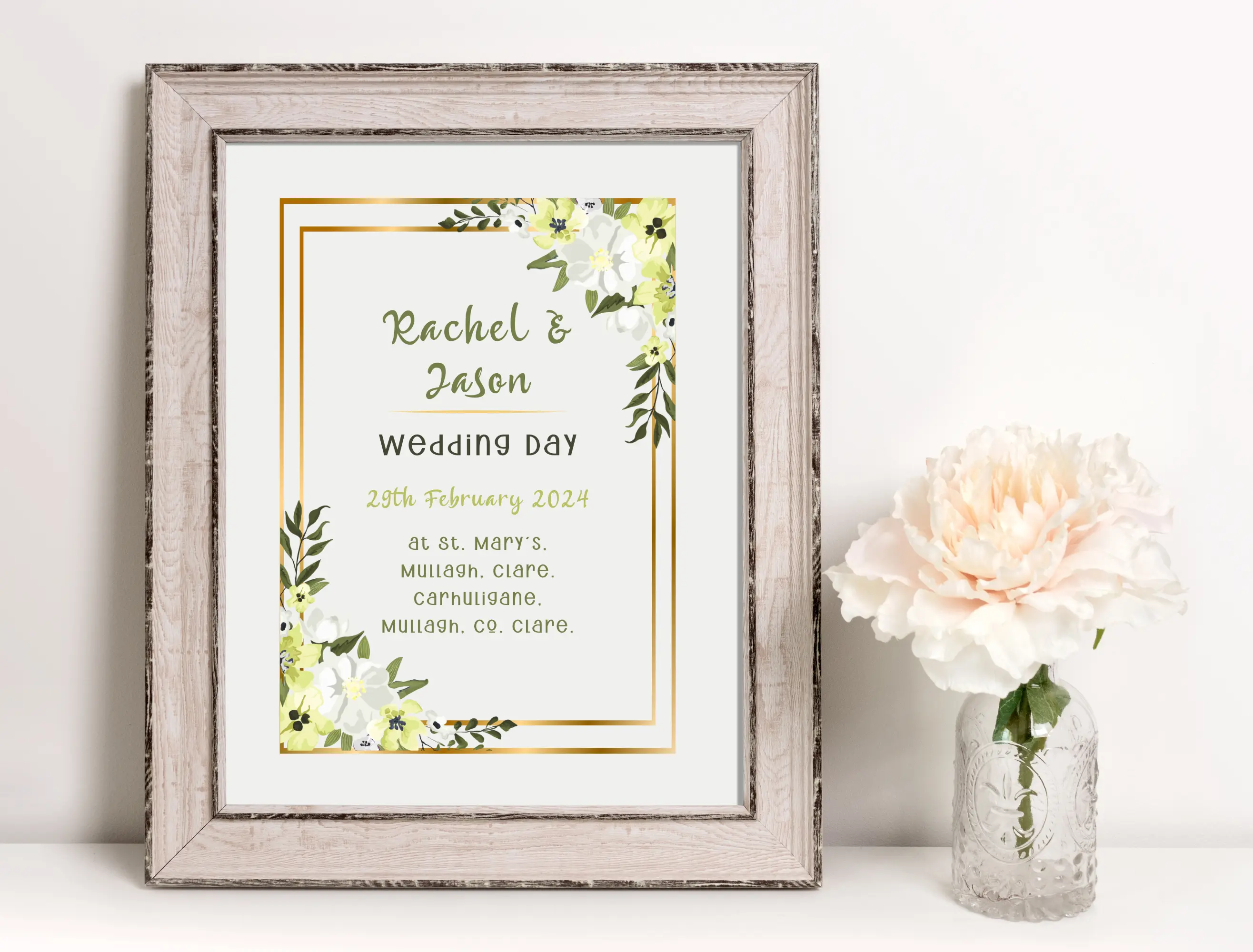 Wedding print personalised with yellow and white floral leaves